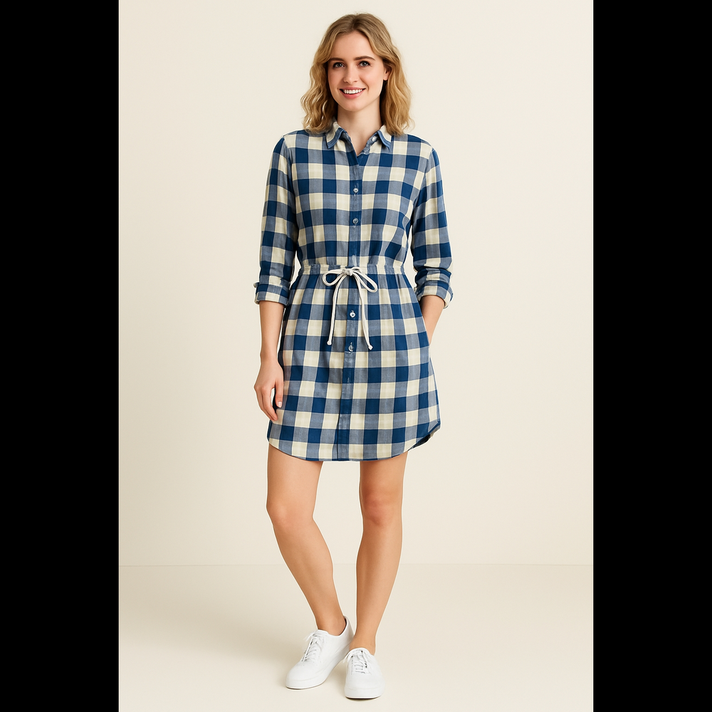 Blue & Cream Buffalo‎ Check Flannel, Tie Waist, Shirt Dress Hamptons Old Money